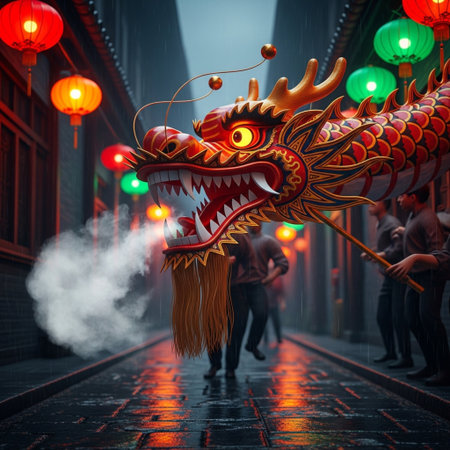 Chinese dragon in the street with lanterns. 3D rendering.の素材