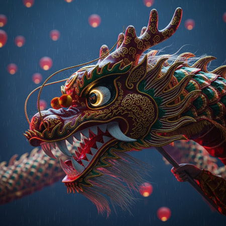 Chinese dragon in the rain with red lanterns and blue sky.の素材