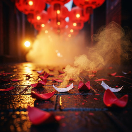 Red paper lanterns and heart-shaped petals on the streetの素材