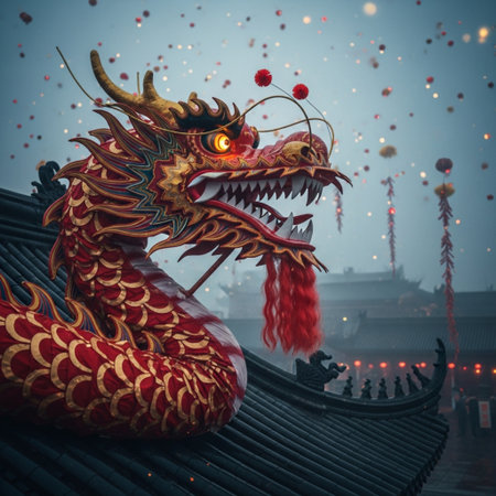 Chinese dragon statue on the roof of a temple in Beijing, Chinaの素材