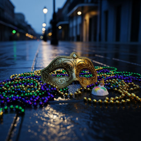 Mardi Gras mask with beads on the street at night.の素材