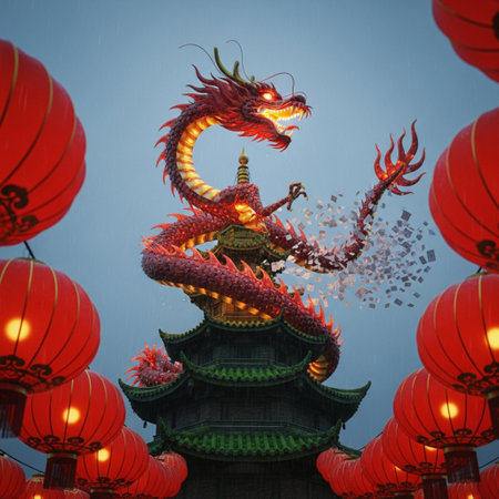 Chinese dragon statue with red lanterns in chinese temple, chinaの素材