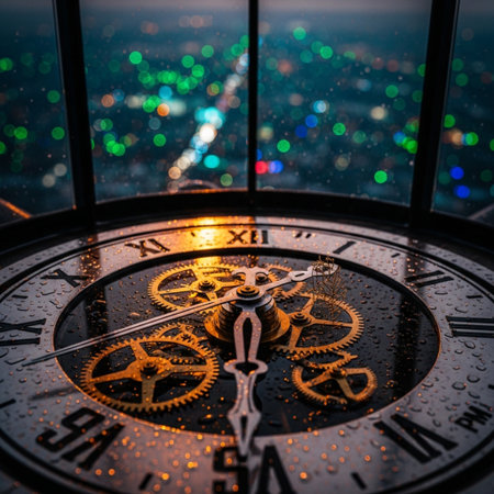 Clock face with city view and bokeh background. Time conceptの素材