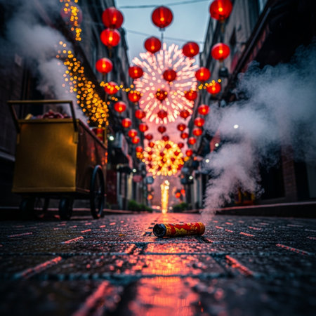 A vertical shot of a lit up can of red and yellow firecrackers lying on the pavementの素材