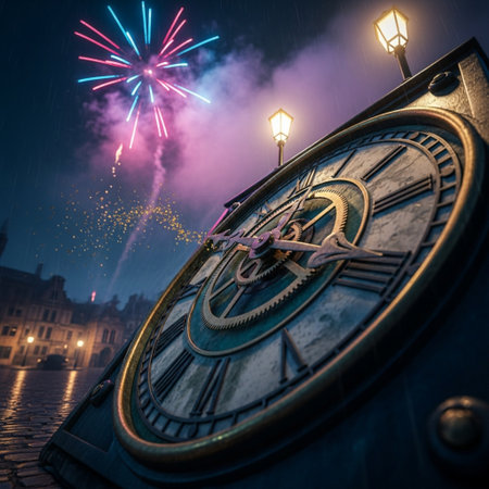 Old clock and firework at night in Prague, Czech Republic.の素材
