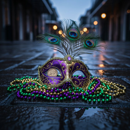 Mardi gras mask with feathers and beads in Venice, Italyの素材