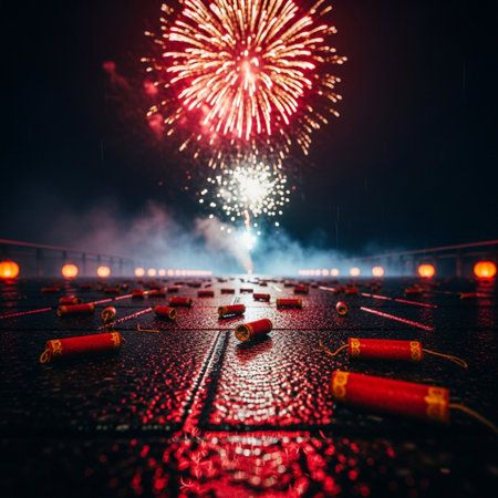 Fireworks display on the night sky background. New year and Christmas celebration concept.の素材