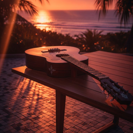 Guitar on the beach at sunset with a beautiful sea viewの素材