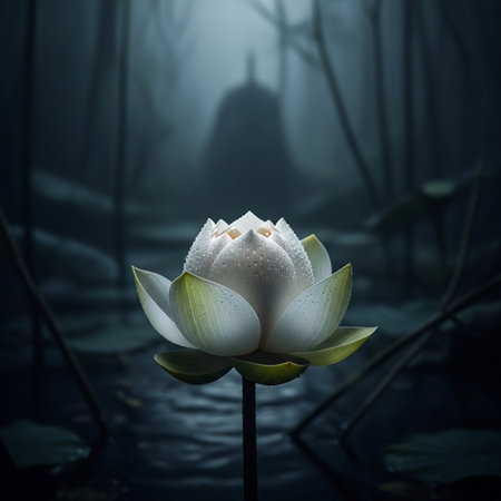 White water lily in the dark, with a lotus in the backgroundの素材