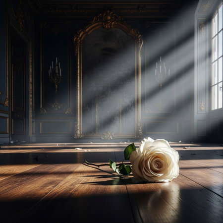 White rose in the interior of an old mansion. 3d renderingの素材