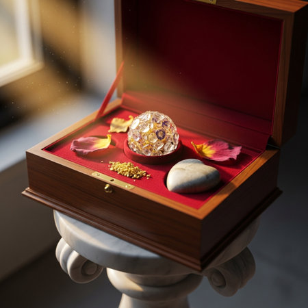 jewelry box with precious stones and rose petals, closeupの素材