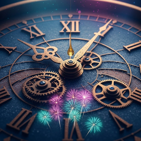 Clock face with clockwork and fireworks. Time concept. 3D Renderingの素材