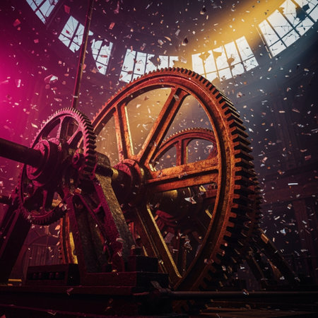 Old machine with gears and cogwheels in a dark room.の素材