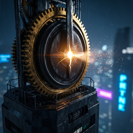 Conceptual image with cogwheels against night cityscape backgroundの素材