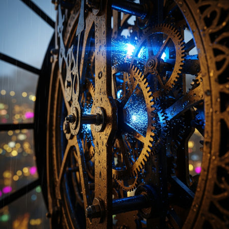 Old clock with gears and lights on the background of the night city.の素材