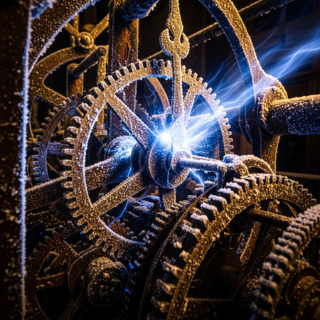 Lightning is shining through the gears of the old mechanism. The concept of electricity.の素材