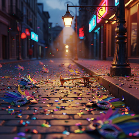 Vintage trumpet on the street in the city at night with confettiの素材