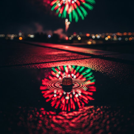 Colorful fireworks in the night sky with a reflection on the groundの素材