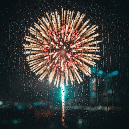 Colorful fireworks on the window with raindrops, bokeh backgroundの素材