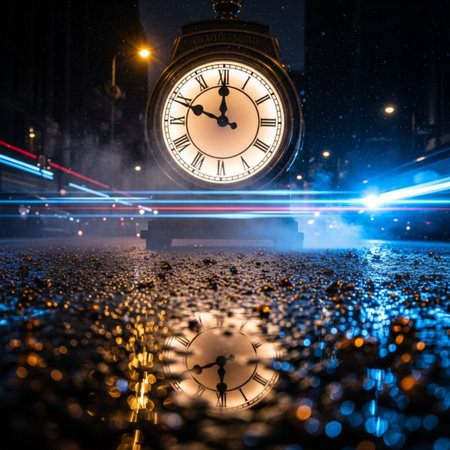 Time concept. Silhouette of a man standing in front of an old clock on a wet street at night. 3d rendering toned image double exposureの素材