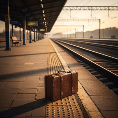 Suitcase on the platform of a railway station waiting for trainの素材