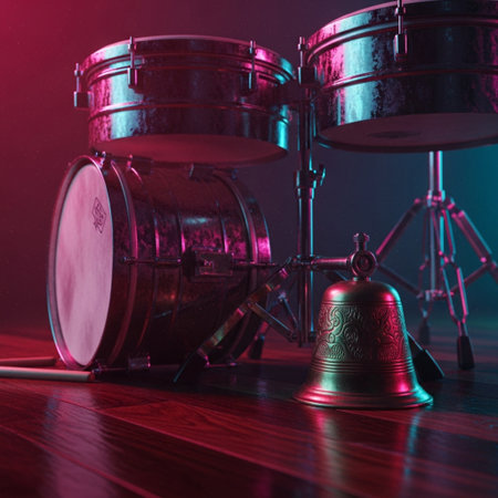 Drum set on a wooden floor. Black and red background.の素材