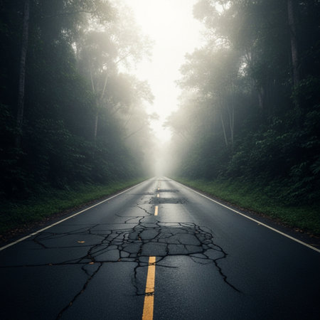 Asphalt road in the misty forest with sunlight. Nature backgroundの素材