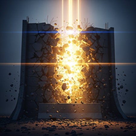Broken concrete wall with light rays. Concept of destruction. 3d renderingの素材
