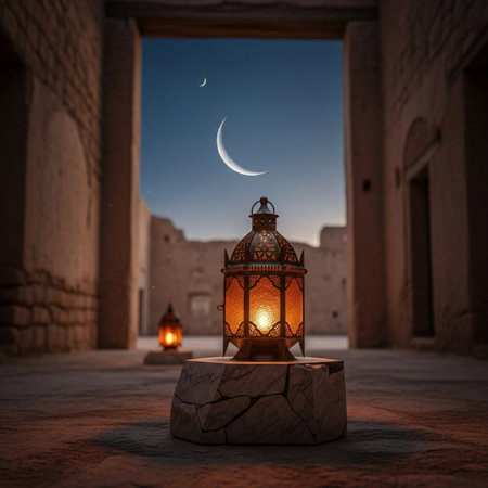 Ramadan Kareem background with lantern and crescent moon. 3d renderingの素材