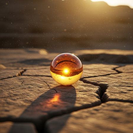 Sunset in a desert with a crystal ball on the ground.の素材