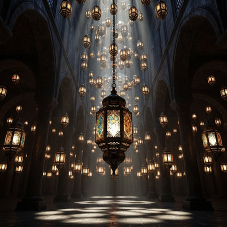 Lanterns in the interior of the mosque. 3D renderingの素材