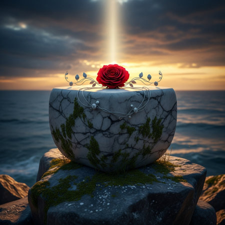 Red rose on a stone against the sea and sky at sunset.の素材