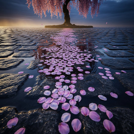 Magnolia tree with pink petals in the water at sunset.の素材