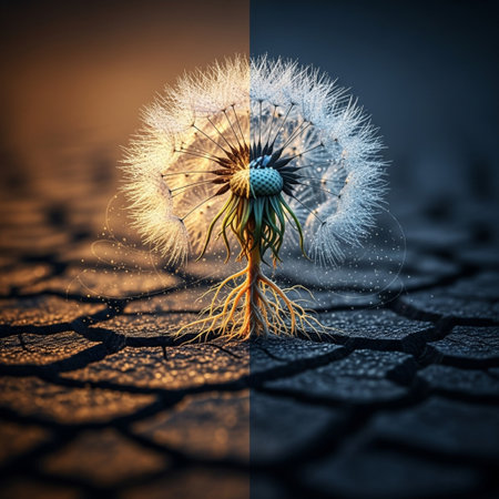 Dandelion flower with seeds on cracked earth background. 3d renderの素材