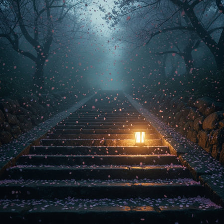 Stairs with lantern in the misty foggy forest at nightの素材