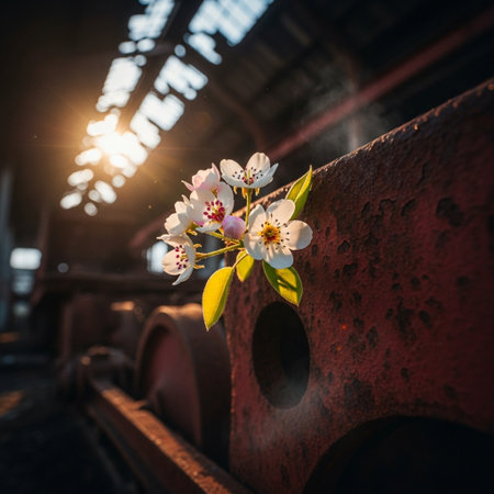 Bouquet of blooming flowers on the background of an old rusty trainの素材