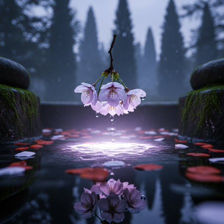 Cherry blossoms in a pond with water drops and stone lanternsの素材