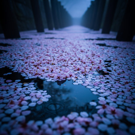 Petals of cherry blossoms floating on the surface of the waterの素材