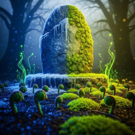 Fantasy landscape with a stone in the forest. 3d illustrationの素材