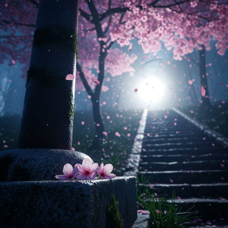 cherry blossom and stairs in the misty morning, vintage styleの素材