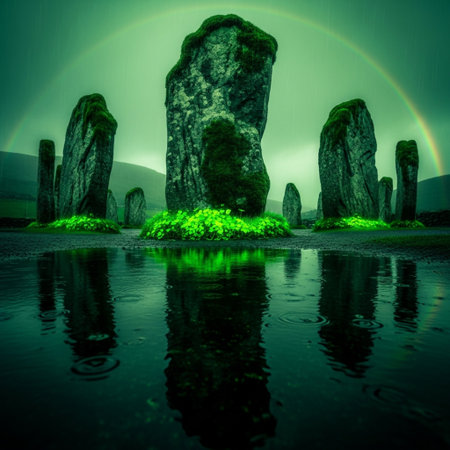 Fantasy landscape with green megalithic stones. 3D renderingの素材