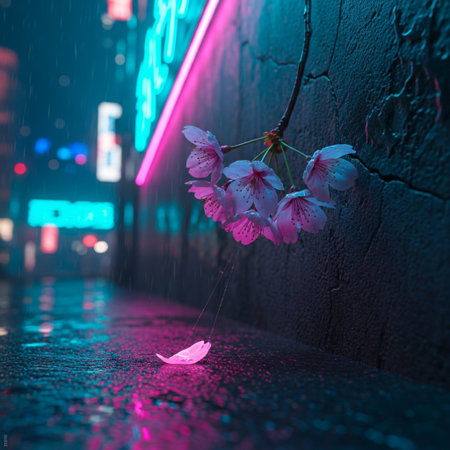 Cherry blossom in the city at night. Selective focus.の素材