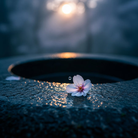 Cherry blossom petals falling into a pool at sunset.の素材