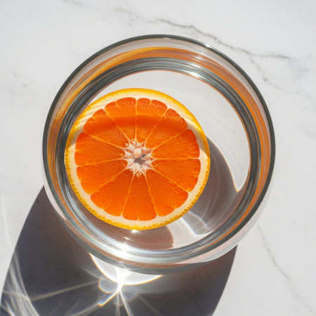 Glass of water with a slice of orange on a white marble backgroundの素材