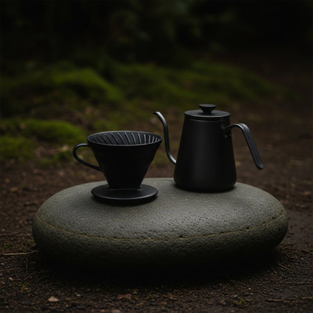 Coffee cup and teapot on a stone in the forestの素材