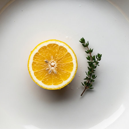 Sliced lemon with thyme on a white plate, top viewの素材