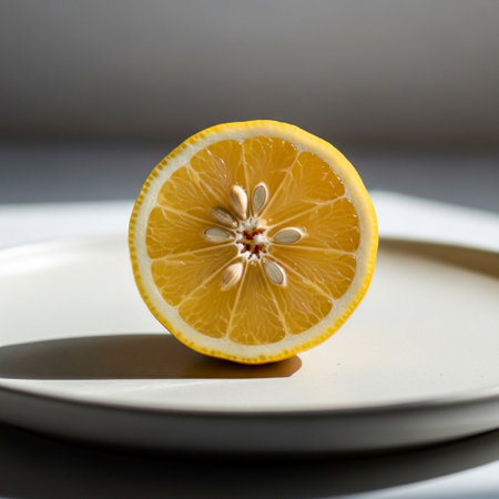 Sliced lemon on a white plate. Selective focus.の素材