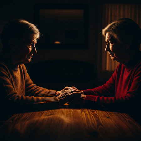 Elderly couple holding hands and looking at each other in a dark roomの素材