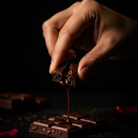 Close-up of a female hand pouring dark chocolate on black backgroundの素材