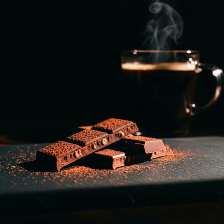 Coffee and chocolate on a black background. Selective focus.の素材